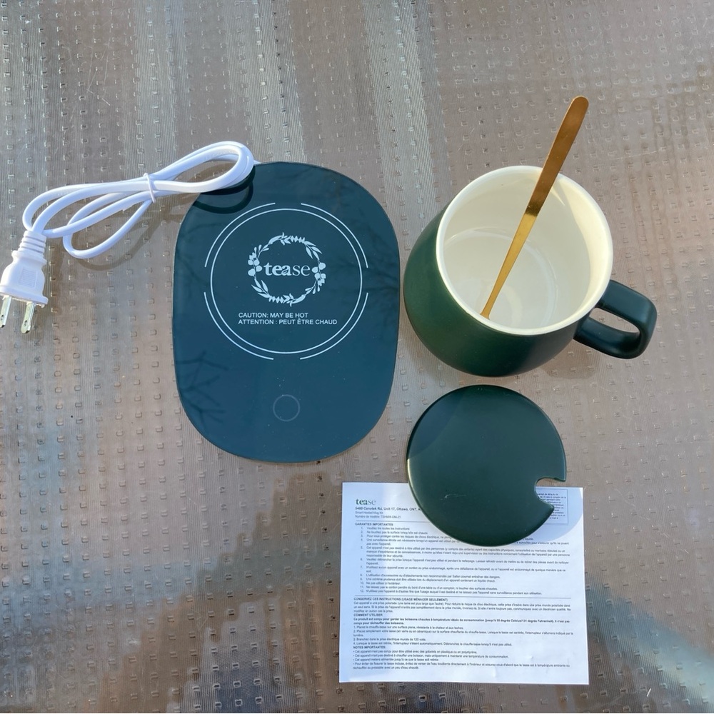 Tease Smart Heated Mug Warmer Set with Green Mug, Lid, Warming Pad and Spoon